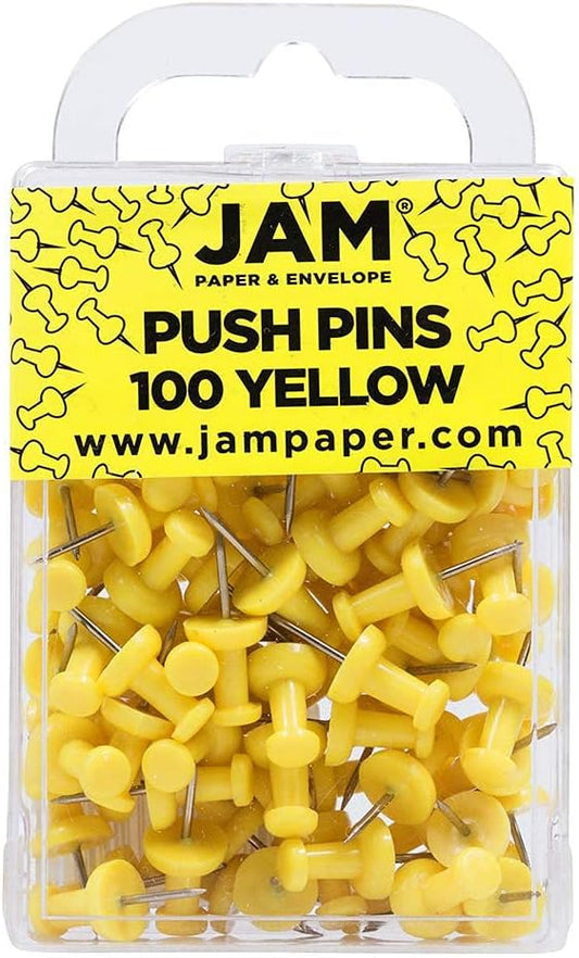 JAM PAPER Colorful Push Pins - Yellow Pushpins - 100/Pack