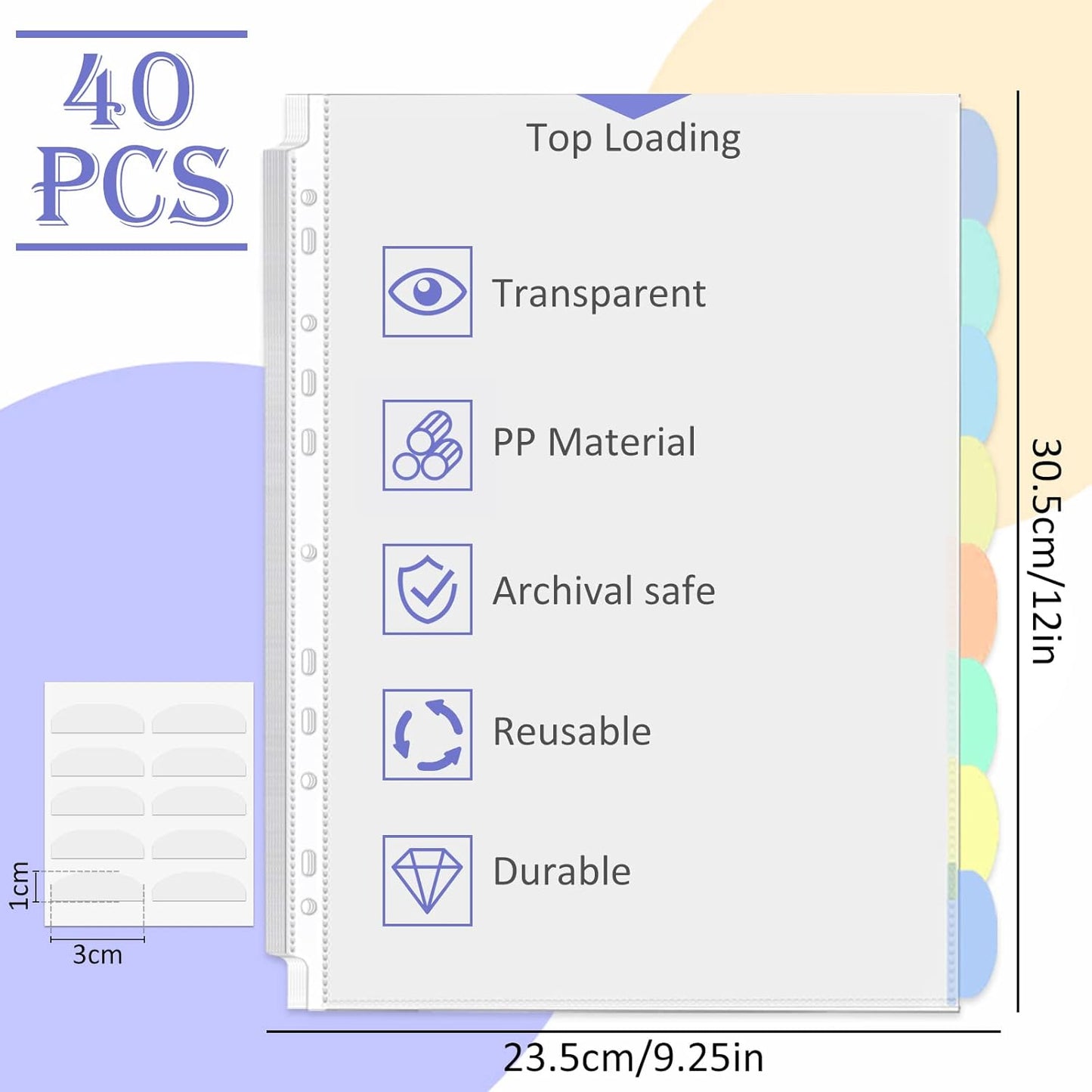 5 Set of 40 Pack A4 Plastic Sleeves Binder Index Dividers Pocket Dividers for 2/3/4 Ring Binder with 8 Tabs，Clear Plastic Sheet Protectors Paper Organizer for School Home Office