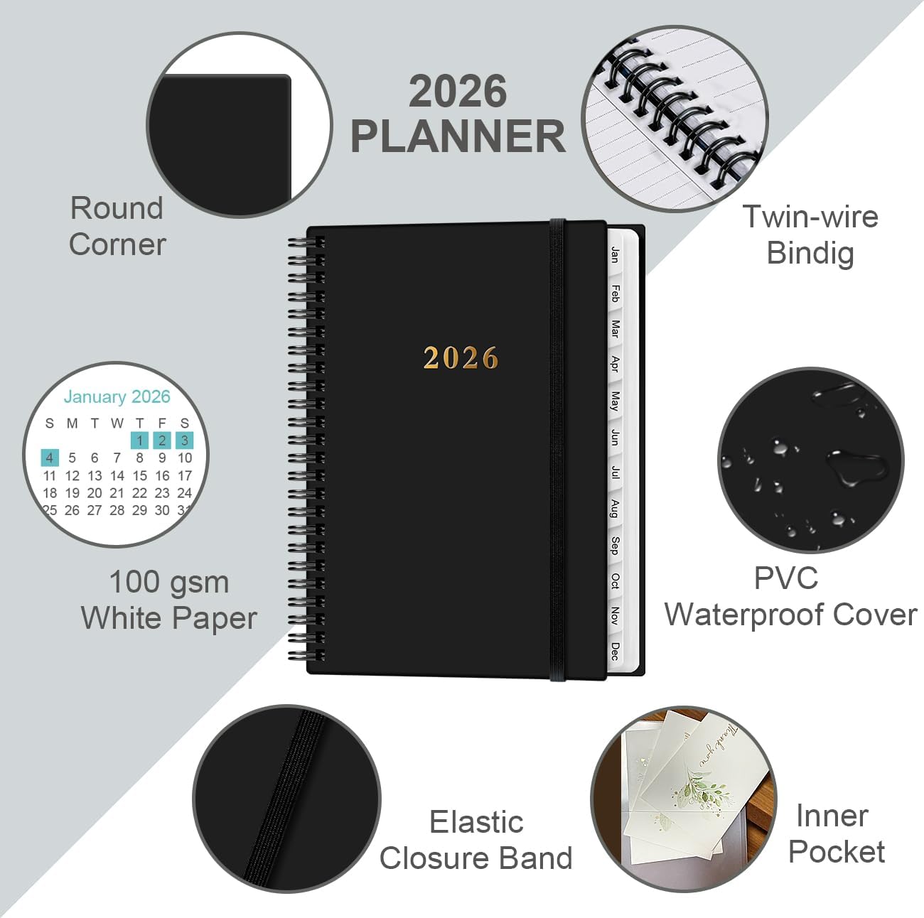 2026 Planner - Planner 2026 from January 2026 - December 2026, Weekly & Monthly Planner Spiral Bound with 12 Monthly Tabs, Inner Pocket, 6.4" x 8.5", Black-B