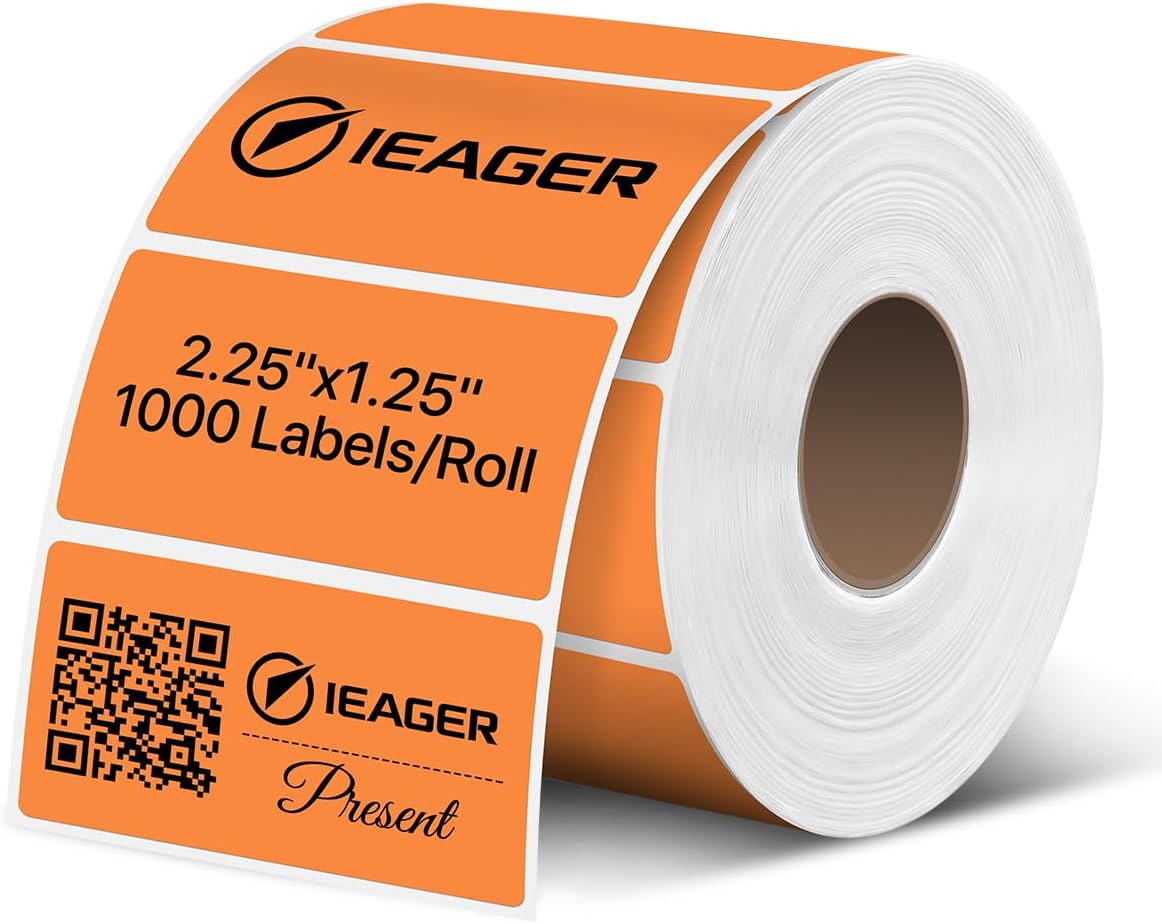 iEager 2.25x1.25 Inch Thermal Labels, Orange Durable Thermal Printer Stickers, Self-Adhesive Rectangle Shipping Label Printer Sticker for Barcode, Name, Address, 1000 Labels/Roll