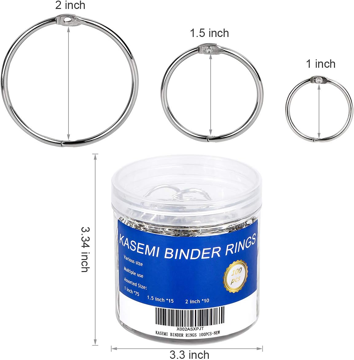 Binder Rings,KASEMI 100pcs Book Rings Assorted Sizes (1,1.5,2 inch) for School,Classroom,Office