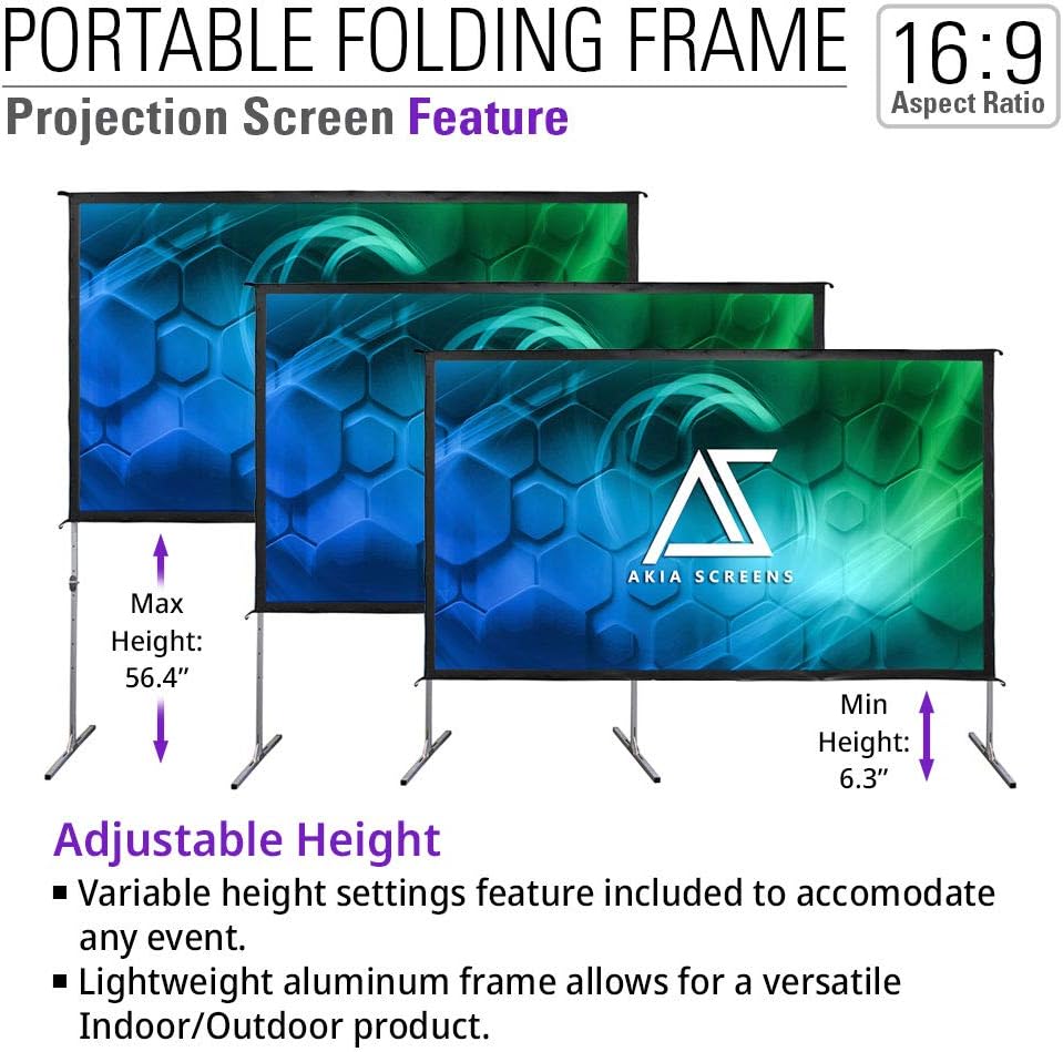 Akia Screens 120 inch Portable Outdoor Projector Screen with Stand and Bag 16:9 8K 4K Ultra HD 3D Adjustable Height Foldable Projection Screen Silver for Movie Video Home Theater AK-OS120H1