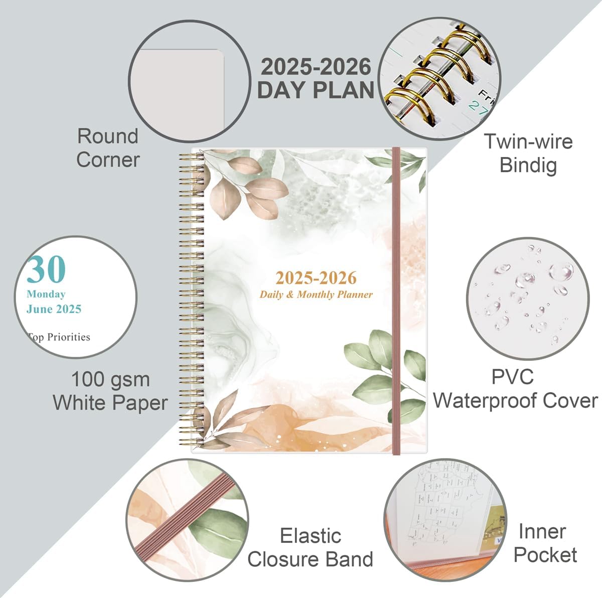2025-2026 Daily & Monthly Planner - One Page Per Day, Daily Planner from July 2025 to June 2026, Planner 2025-2026 with 12 Monthly Tabs, 8.5" x 11", Rose Leaf