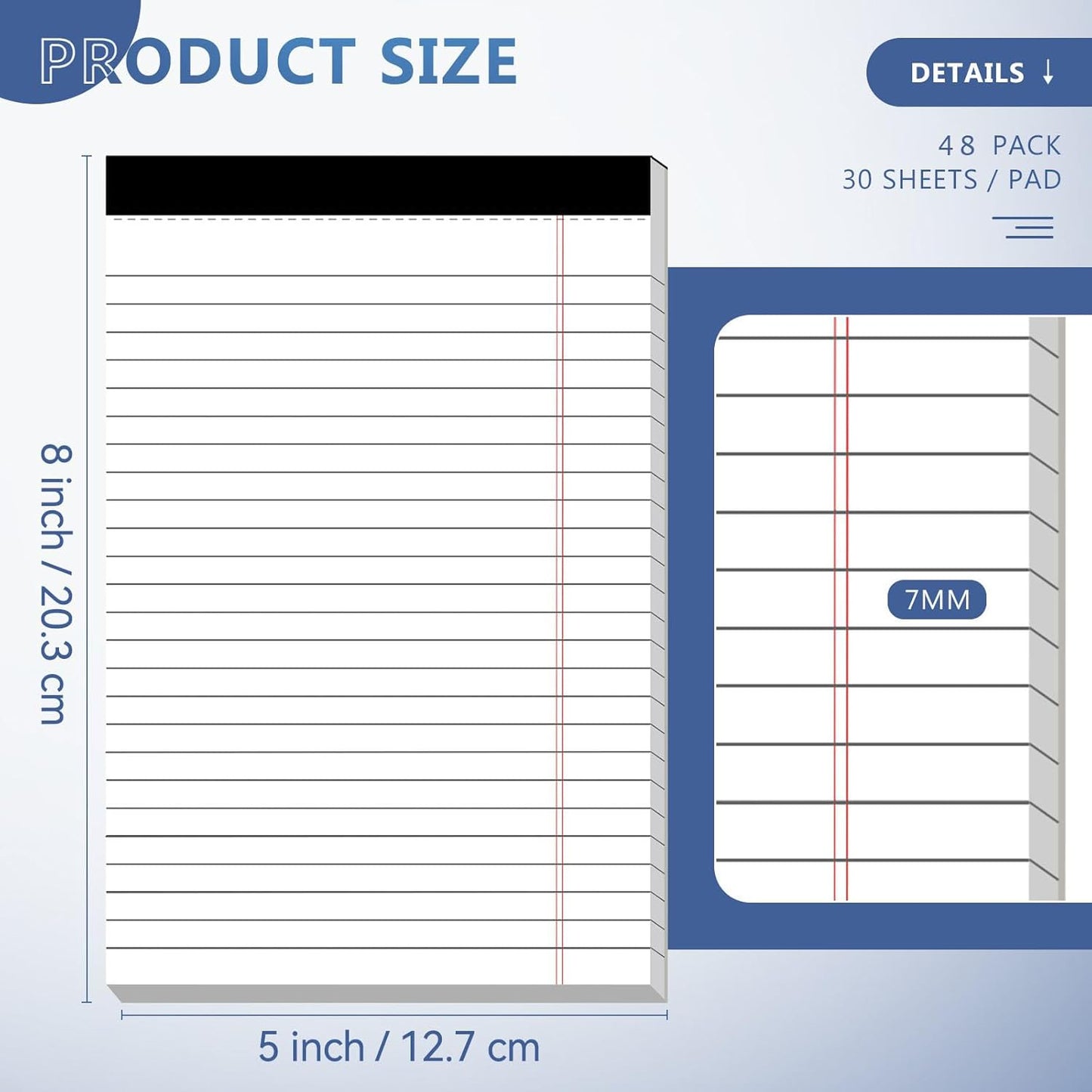 5" x 8" Note Pads 48 Pack of Legal Pads 30 Sheets Notepad College Ruled Small Writing Pads Perforated Pages Paper Pads 80GSM Heavyweight Paper Note Pads for Home, Office, or School