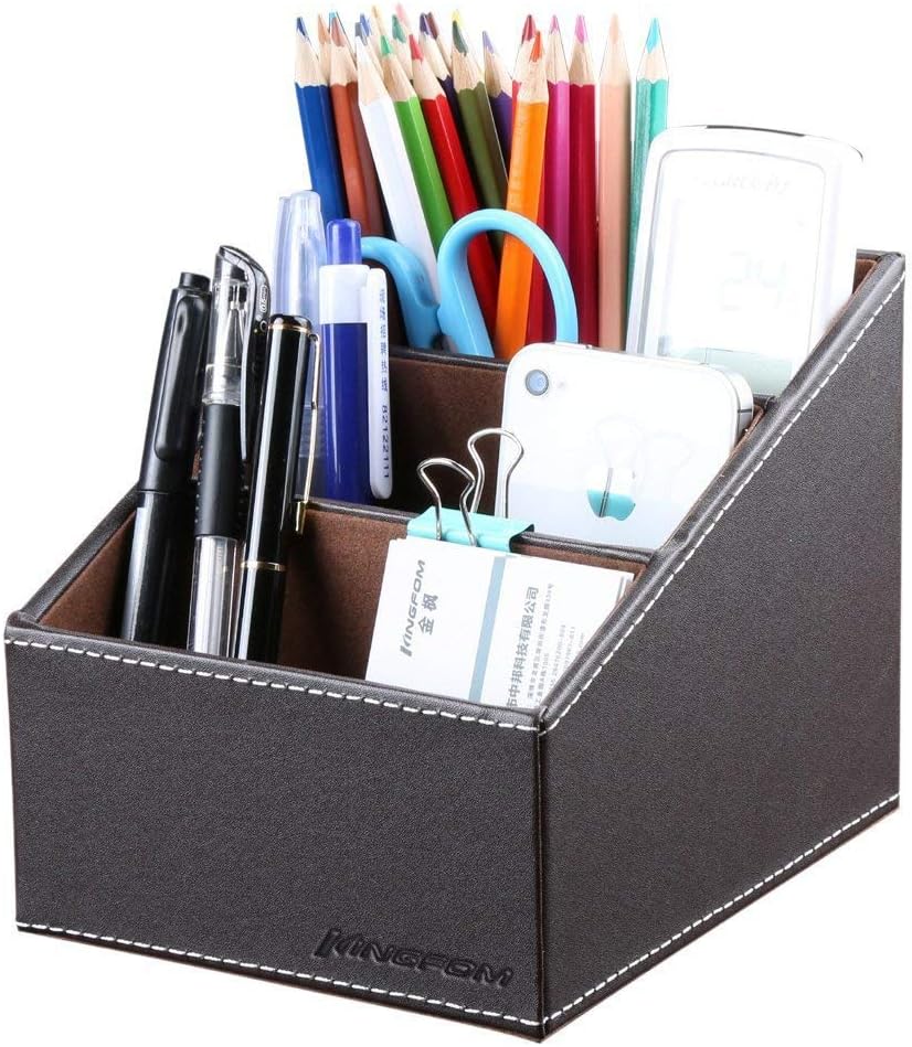 KINGFOM Remote Control Holder with 3 Compartments, Pu Leather Remote Caddy Desktop Organizer for TV, CD, Blu-Ray, Media Player, Heater Controllers and Cosmetics Office Supplies(Brown)