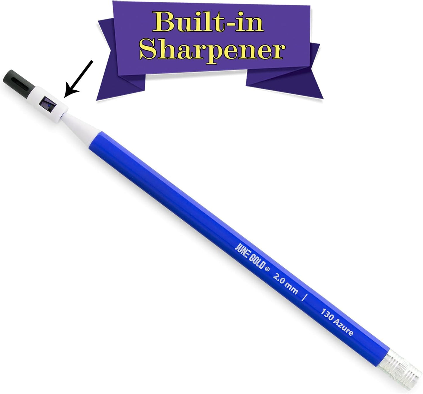 June Gold 24 Blue 2.0 mm Mechanical Pencils with Blue Color Leads, Bold Thickness, Built in Rear Sharpener (Azure #130)