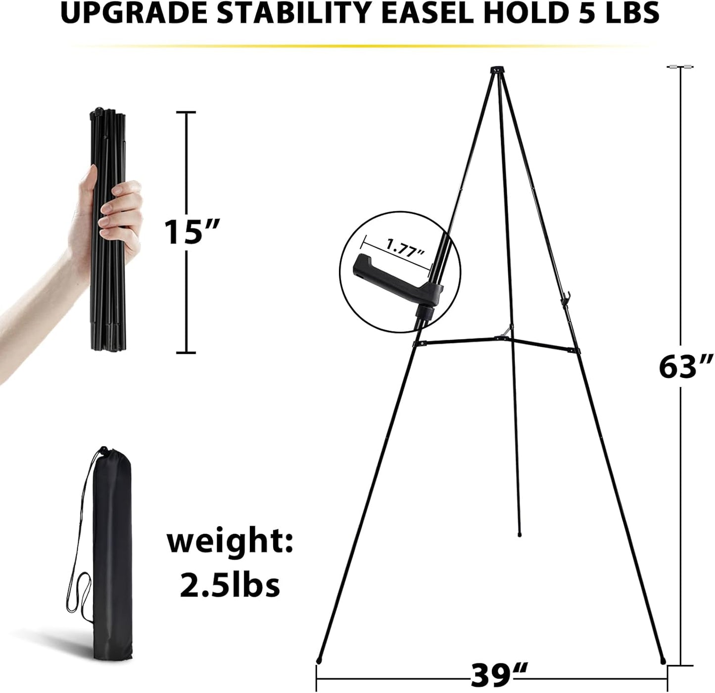 3 Pack Easel Stand for Sign - 63 Inches Display Easel for Wedding Sign & Poster - Lightweight Portable Floor Easel for Picture - Adjustable Poster Easel with Carrying Case, Black