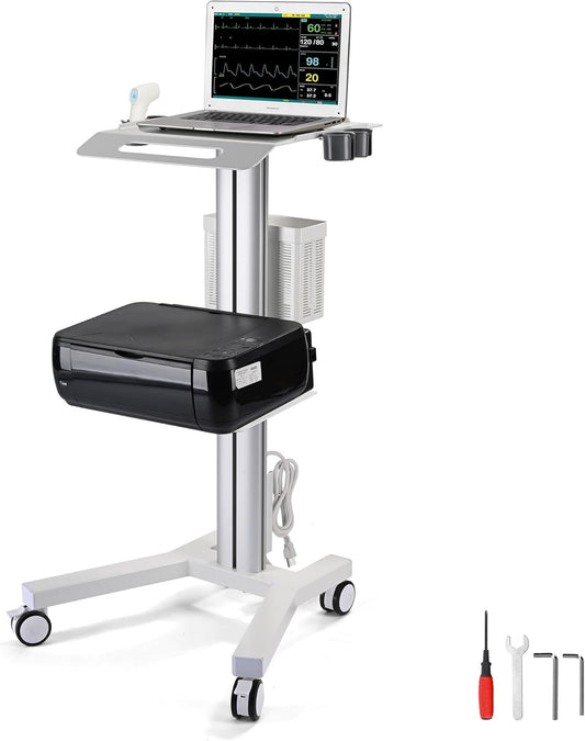 AW Medical Mobile Laptop Cart Rolling PC Stand Ultrasound Imaging Cart Computer Workstation on Wheels with Handle 220 Lbs Capacity CPU Printer Power Strip Holder for Dentistry Clinic Lap Hospital