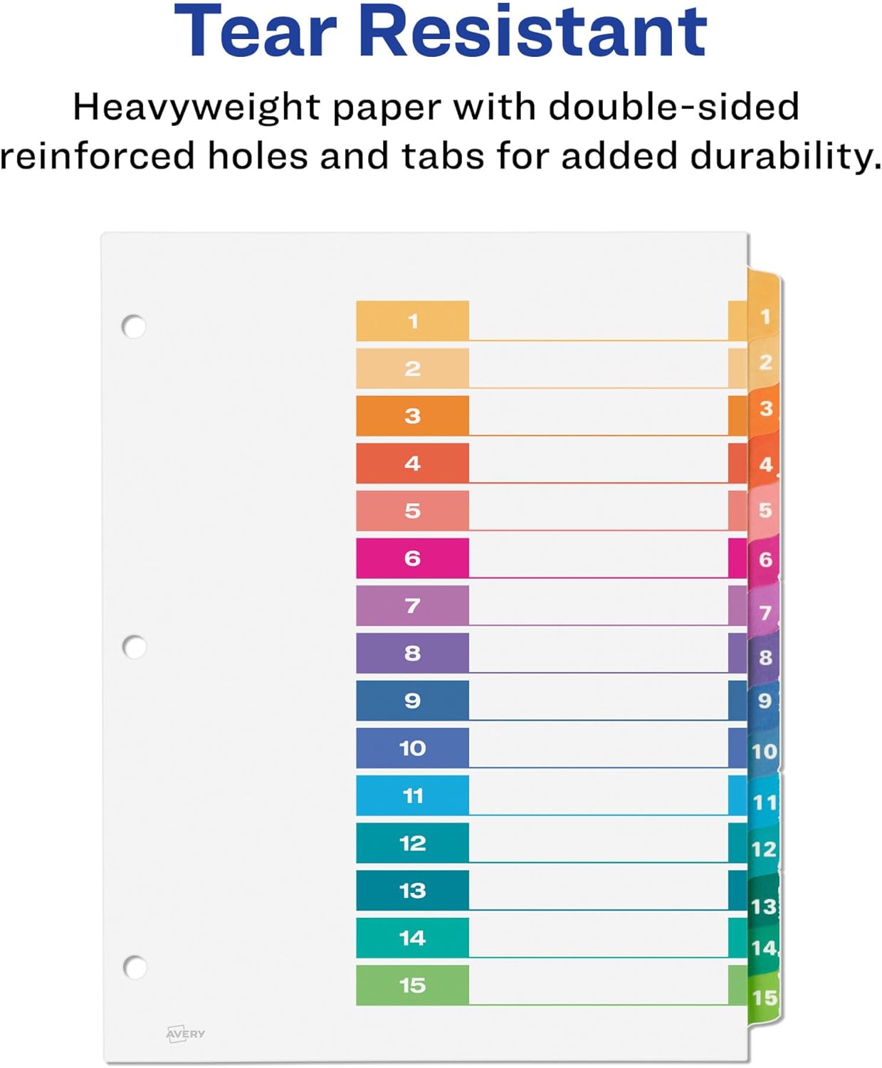 Avery 15 Tab Dividers for 3 Ring Binders, Customizable Table of Contents, Multicolor Tabs, 6 Sets (11197)