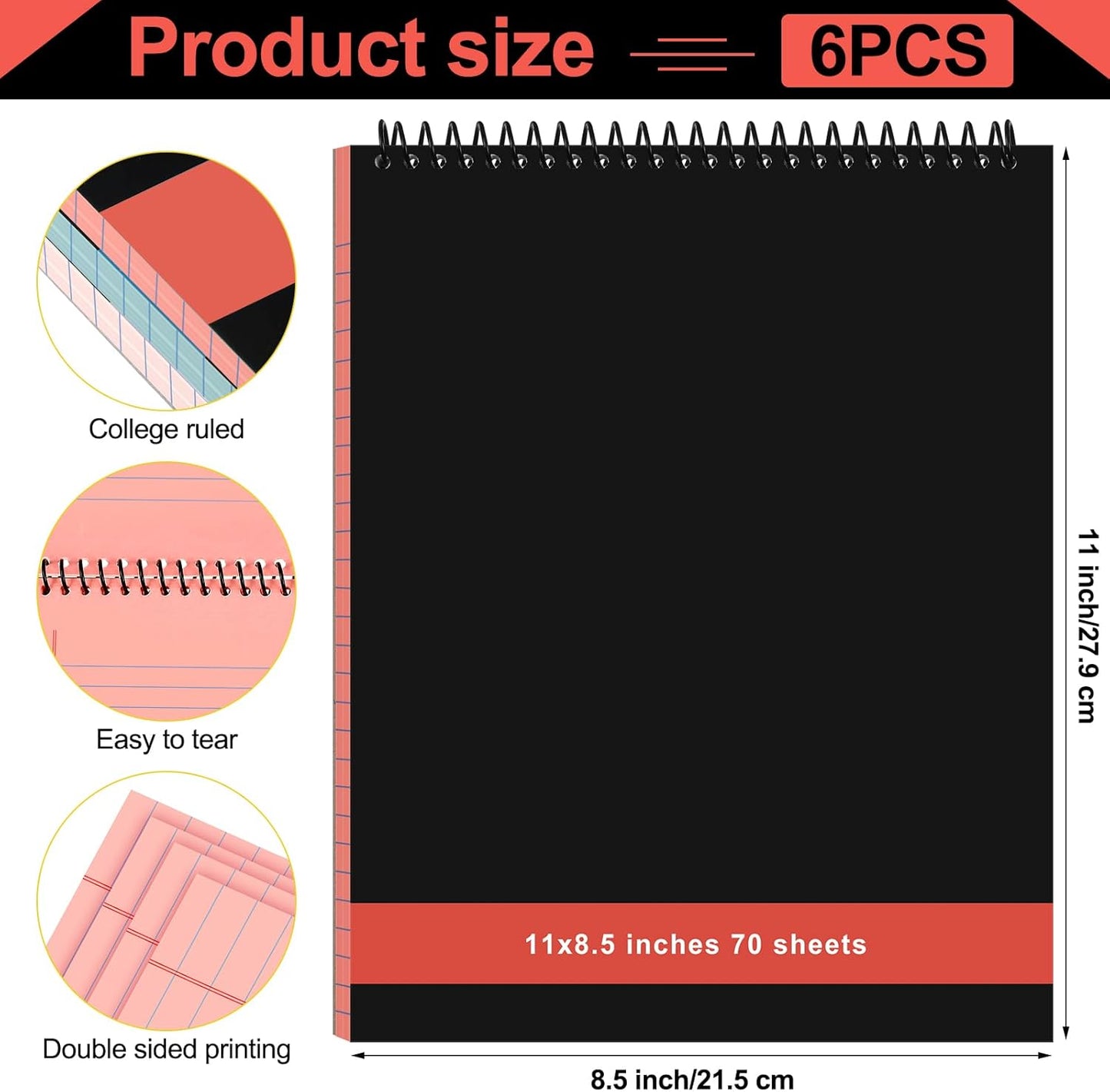 6 Pcs Legal Pad Top Spiral Bound Notebook 70 Sheets Wirebound Notepad Double Sided Ruled Memo Steno Pad with Stiff Back Cover for Business(8.5 x 11 Inches,No Holes,Retro Colors)