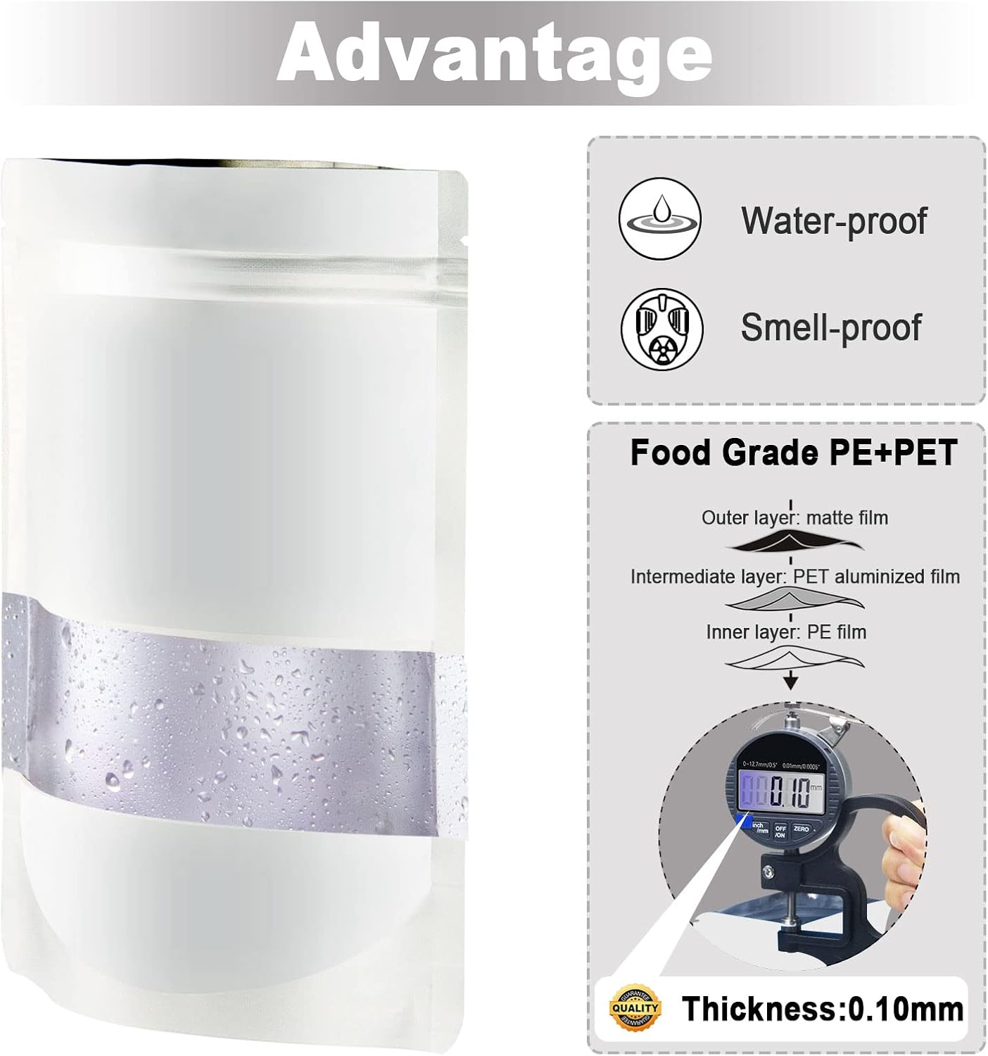 6.3"x9.5" 120pcs Mylar Bags for Food Storage,Smell Proof Bag with Matte Window Resealable Food Storage Bags for Small Business, Stand-up Foil Pouch Packaging Freeze Dried Candy Bag（White）