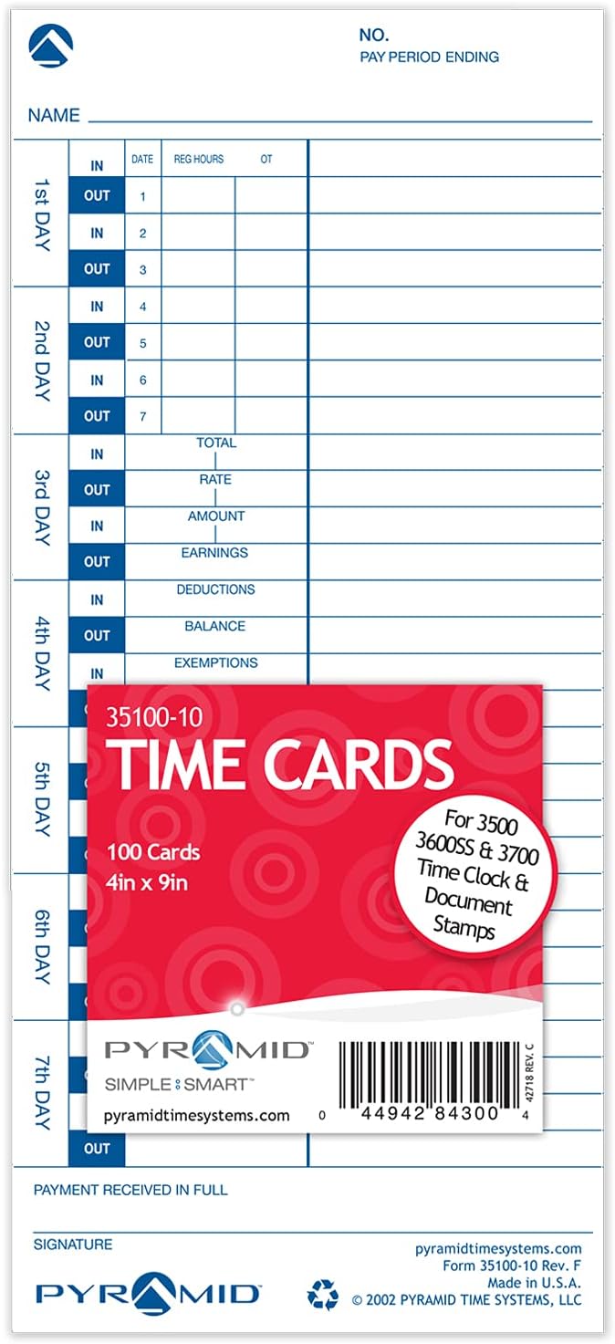 Pyramid Time Systems - 30% Recycled Time Cards (35100-10PK5) for Pyramid Models 3500, 3500ss, 3600SS, and 3700 Time Clock and Document Stamp, Single Sided Time Sheets (4 X 9 in) - 500 Time Cards