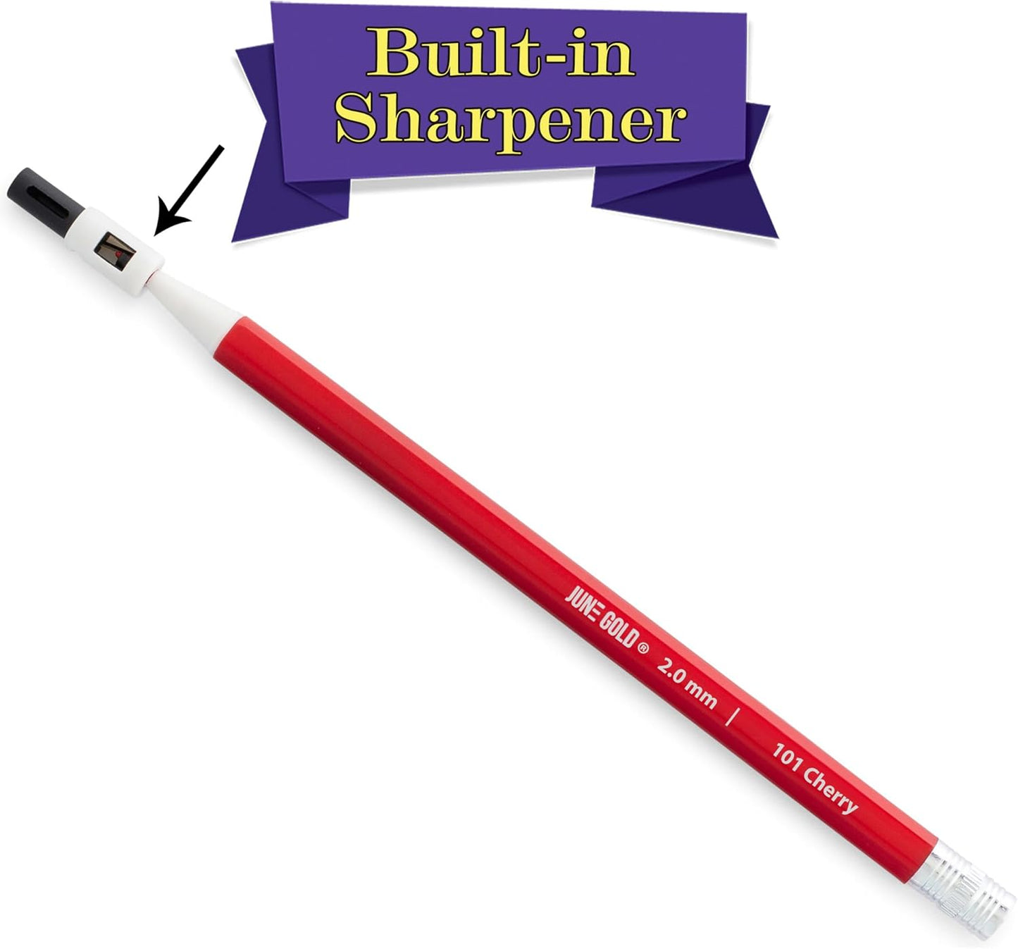 June Gold 24 Red 2.0 mm Mechanical Pencils with Red Color Leads, Bold Thickness, Built in Rear Sharpener (Cherry #101)