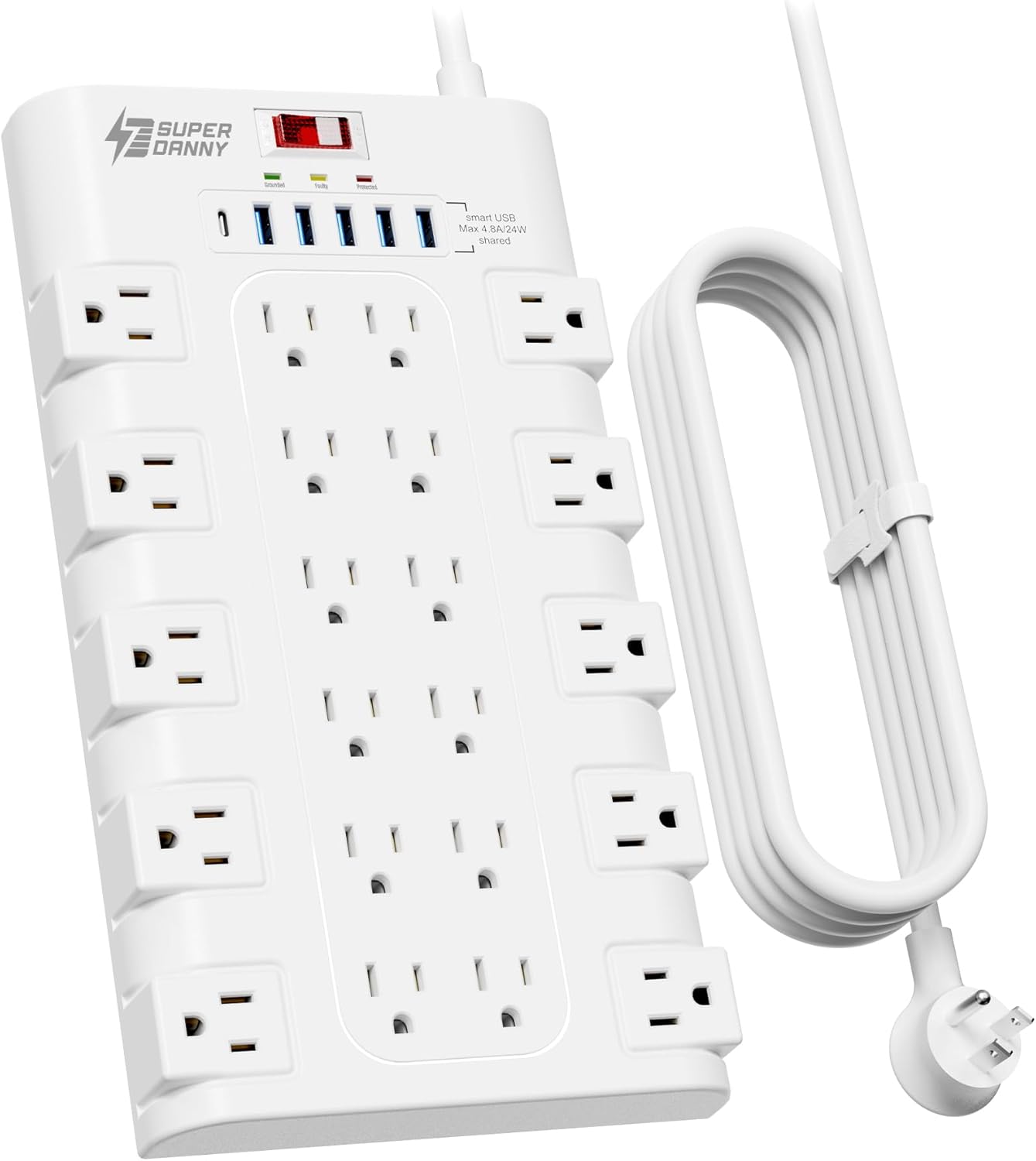 10Ft Extension Cord with Multiple Outlets, SUPERDANNY Surge Protector Power Strip (1875W/15A), 22 AC Outlets and 6 USB Charging Ports, Wall Mountable for Home, Office, Gaming Room, 2100 Joules, White