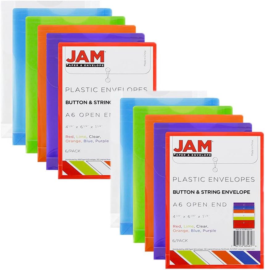 JAM PAPER Plastic Envelopes with Button & String Tie Closure - 4 1/4 x 6 1/4 - Assorted Colors - 12/Pack