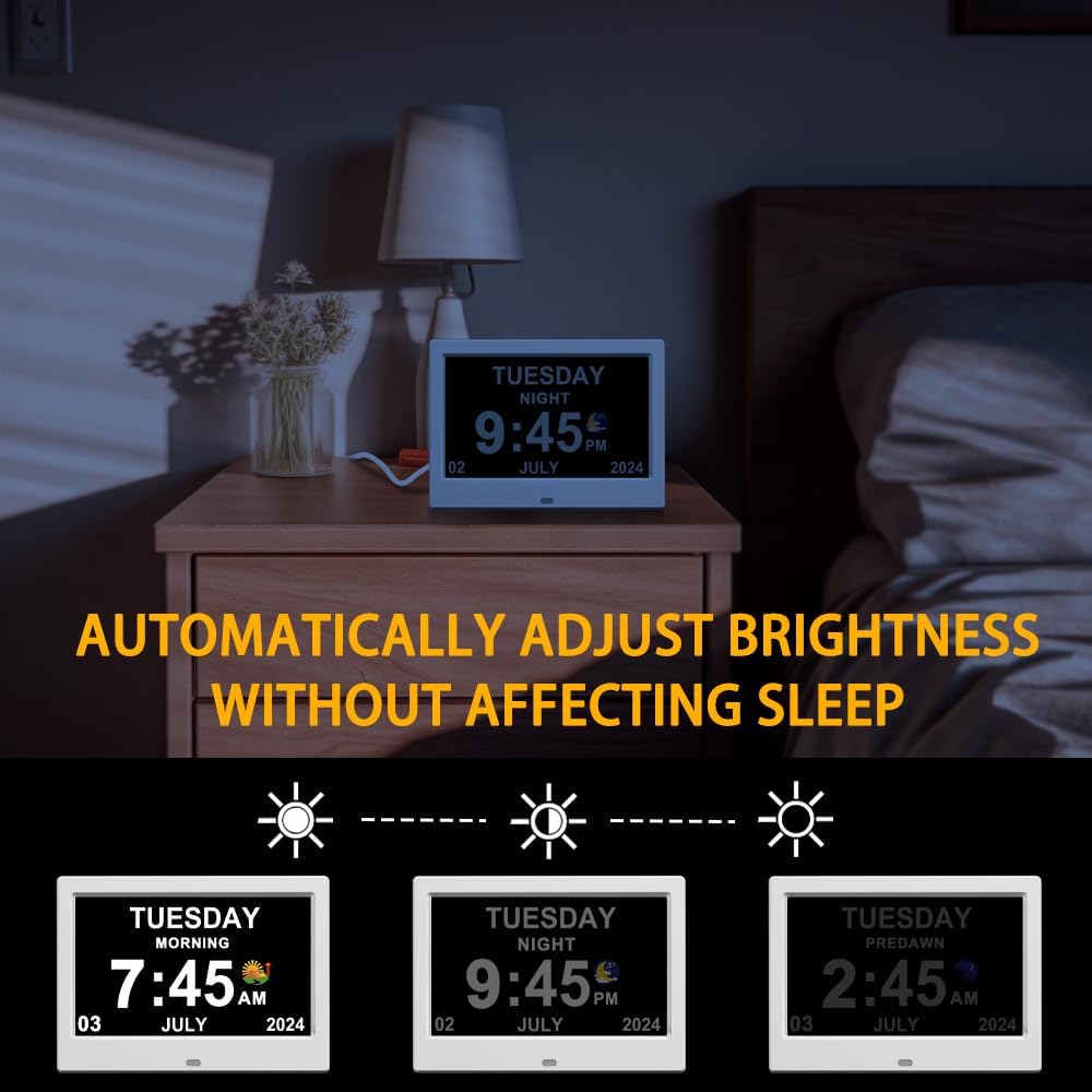 Alarm Clock with Day and Date for Elderly Digital Calendar Clock Photo Frame- Auto Dimmable Display 15 Alarm Options (7inch White)