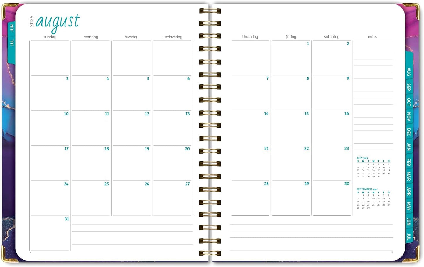 HARDCOVER Academic Year 2025-2026 Planner: (June 2025 Through July 2026) 8.5"x11" Daily Weekly Monthly Planner Yearly Agenda. Bookmark, Pocket Folder and Sticky Note Set (Pink Purple Marble)