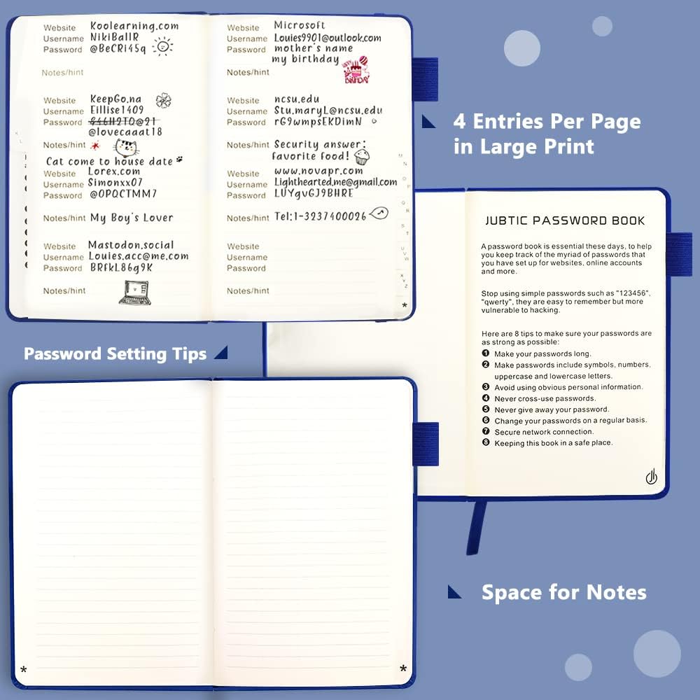 JUBTIC Password Book with Alphabetical Tabs. Medium Size Password Keeper Logbook for Internet Log in, Website Address. Hardcover Password Journal Notebook & Organizer for Home Office, Arabian Blue