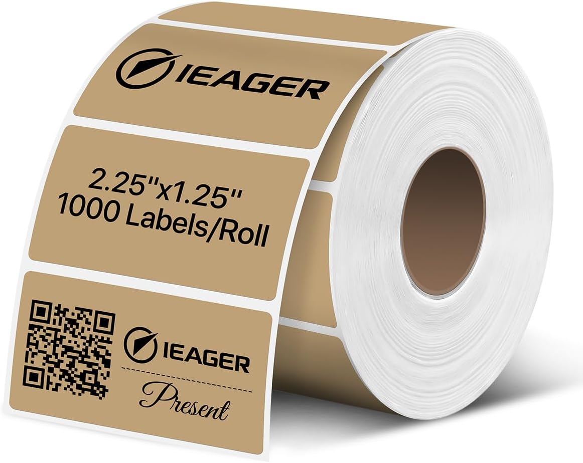 iEager 2.25x1.25 Inch Thermal Labels, Brown Durable Thermal Printer Stickers, Self-Adhesive Rectangle Shipping Label Printer Sticker for Barcode, Name, Address, 1000 Labels/Roll