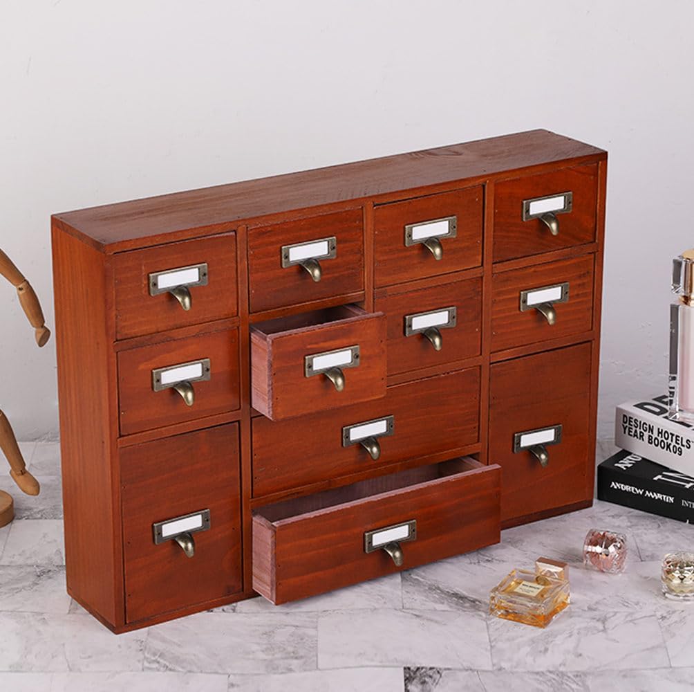 12 Drawers Apothecary Cabinet with Drawers Tabletop Apothecary Drawers Library Card Catalog Cabinet Medicine Cabinets Wood Desk Organizer Wooden Storage Box (Brown)