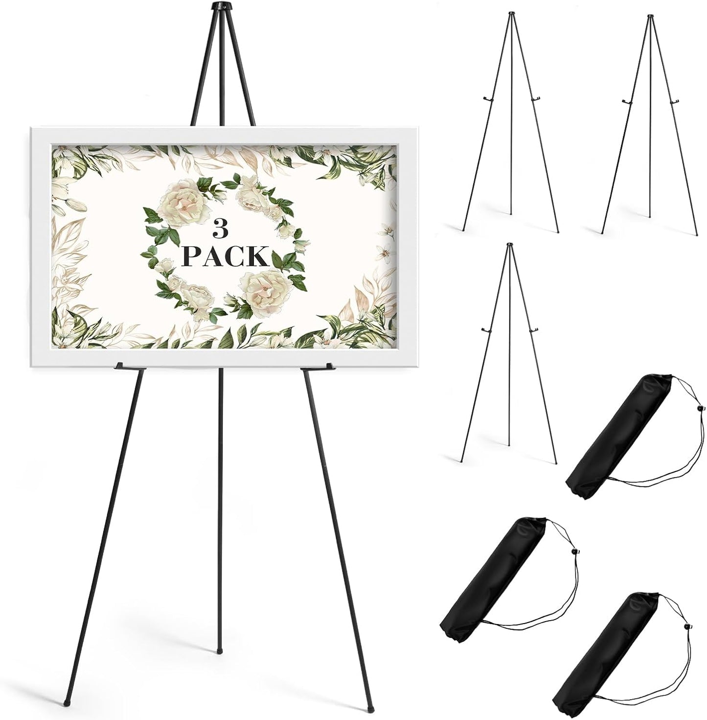 AZEAM 3 Pack 63" Easel Stand for Sign, Portable Easel for Painting, Foldable Black Metal Easel Display Stand Poster Holder Adjustable Sign Stand for Display Wedding Arts Poster