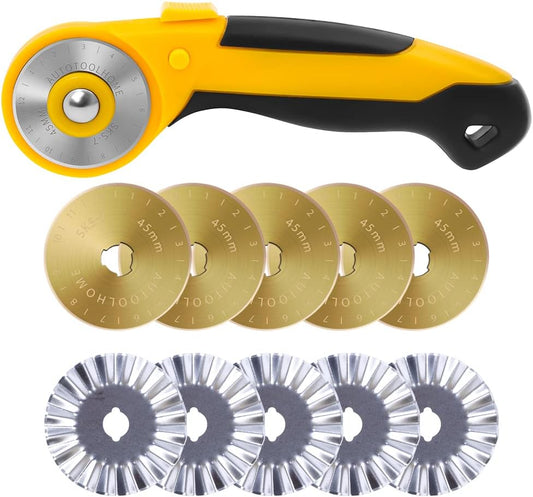 AUTOTOOLHOME 45mm Rotary Cutter Automatic Fabric Cutter 5pcs Titanium Replacement Blades 5pcs Pinking Rotary Blades with Safety Lock for Quilting, Sewing, Crafts