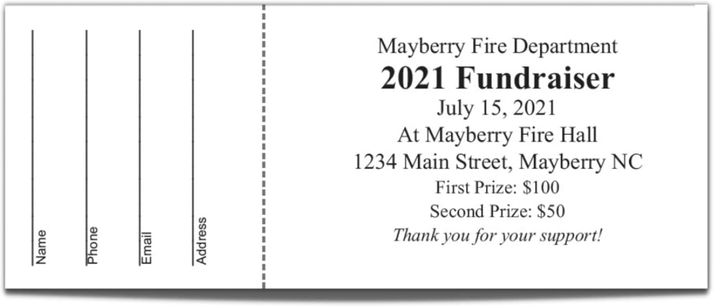 250 Custom Raffle Tickets - Fundraiser, Raffles, 50/50, Auction, Giveaways, Contest Tickets with Tear-Away Stubs - 2.125" x 5.5"