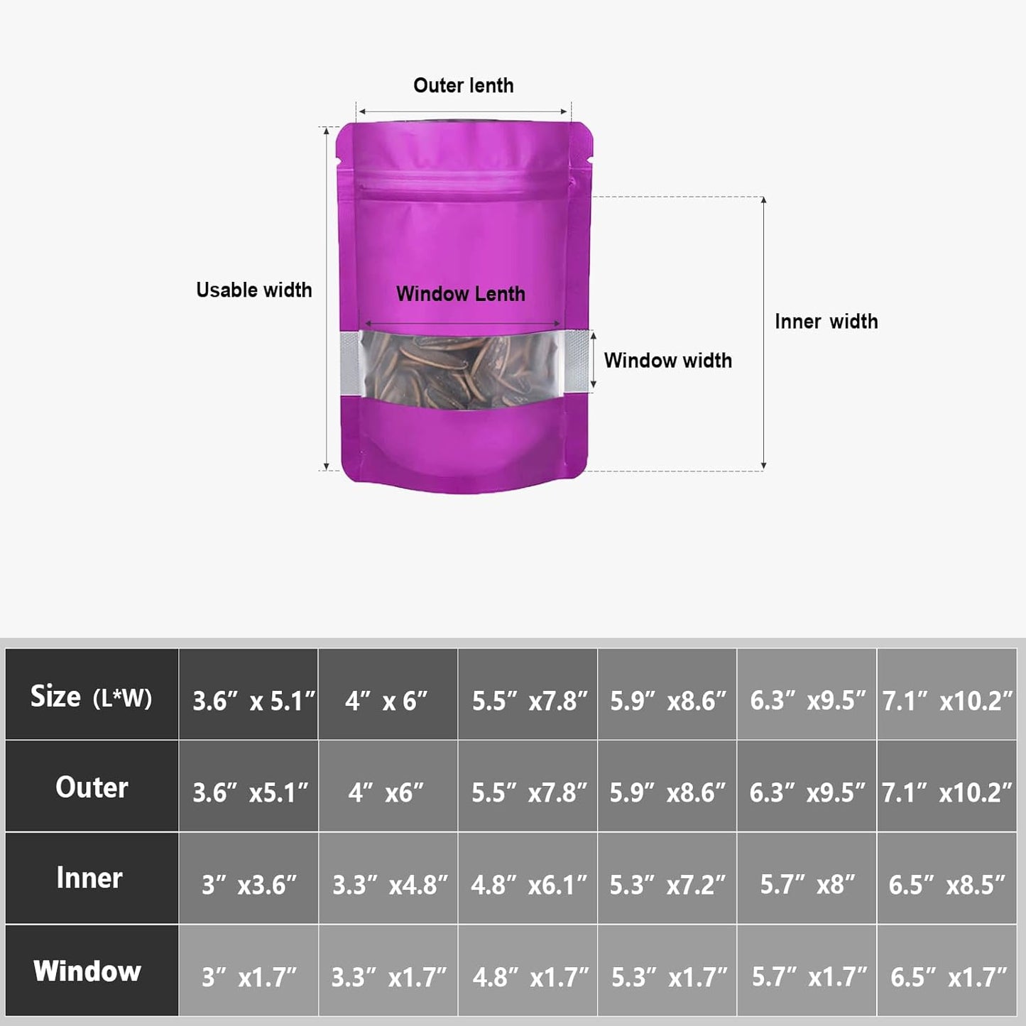 5.9"x8.6" 120pcs Mylar Bags for Food Storage,Smell Proof Bag with Matte Window Resealable Food Storage Bags for Small Business, Stand-up Foil Pouch Packaging Freeze Dried Candy Bag（Purple）