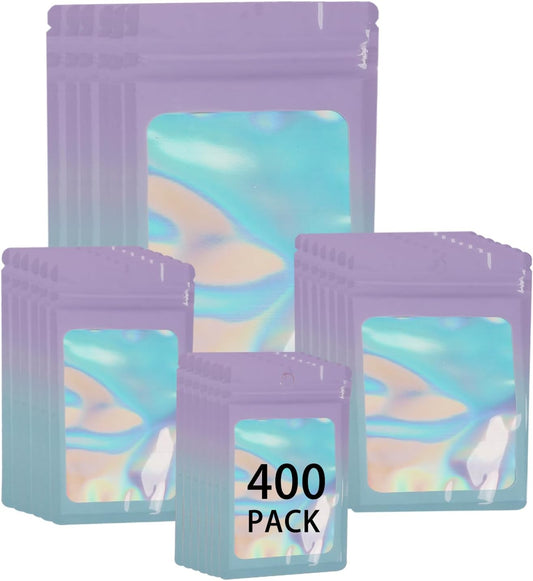 400 Pack 4 Sizes Resealable Mylar Holographic Bags Food Storage Smell Proof Bags with Front Window Foil Packaging Pouch for Sample Jewelry Small Business (Pink to Blue,3x4.7,3.1x5.5,4x 6,4.7x 7.9in)