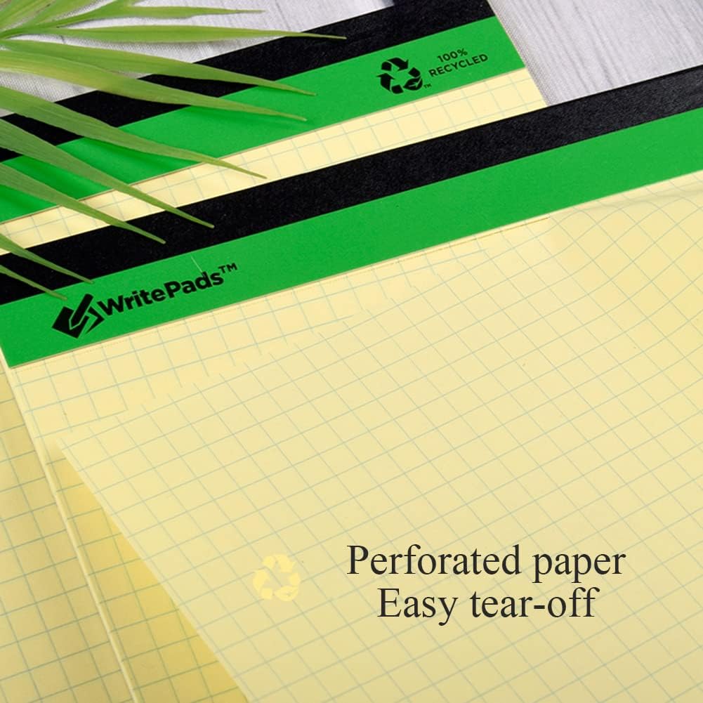 KAISA Graph Paper Legal Pads Writing Pads Recycled Paper 8.5"x11.75" Quad Ruled 4x4 Perforated 50 sheets/pad Grid Paper Yellow Notepads Writing Tablet For Office Supplies (Canary 6pad, 8.5x11.75'')