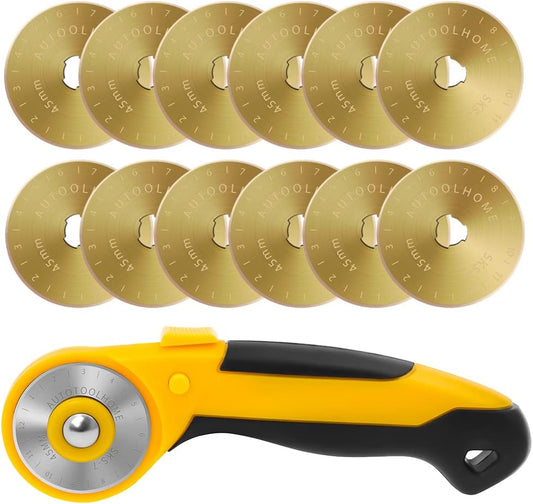 AUTOTOOLHOME 45mm Rotary Cutter Automatic Fabric Cutter Quick Change Blades with Safety Lock for Quilting, Sewing, Crafts, 10pcs Titanium Replacement Blades