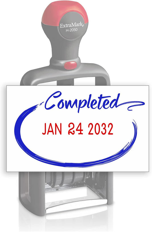 Heavy Duty Style Office Date Stamp with Completed - Self Inking Dater - Style C - Blue & Red Ink Color
