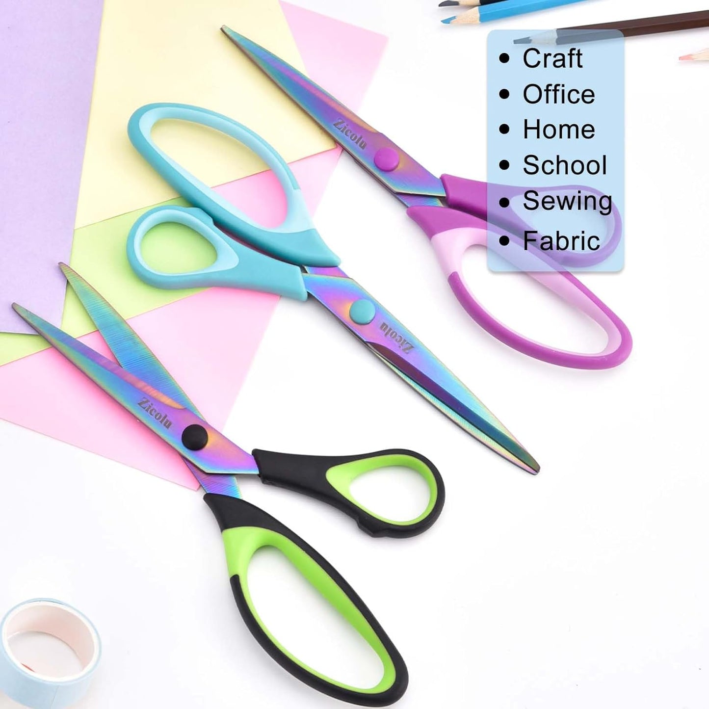 8.5" Scissors All Purpose, Multipurpose Office Scissors Set of 3 pack, Sharp Titanium Coating Blade and Soft Comfort-Grip Sturdy Scissors for Fabric School Craft Sewing Home, Right/Left Handed