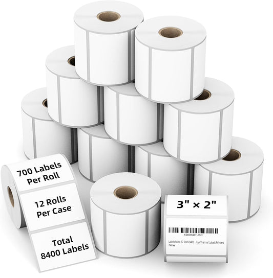 3"x2" Direct Thermal Labels for Zebra LP2844 GK420D ZD421 ZD420 Series, 12 Rolls 8400 Pcs 2x3 Waterproof Strong Adhesive Barcode Return Address Label Used with Rollo MUNBYN Desktop Printer