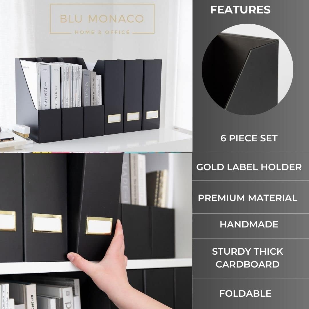 BLU MONACO Declutter in Style - Set of 6 Black Foldable Magazine File Holders with Gold Label Holders - Cardboard Magazine Storage Box & Desk Organizer for Workspace and Shelves