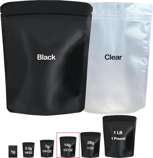 100 Pack Mylar Bags, 5 x 8 inchs Premium Smell Proof Bags with Double-sided matte design ，Resealable Food Storage Aluminum Foil Stand-up Packaging Bags. (14 Grams or 1/2 Onces)