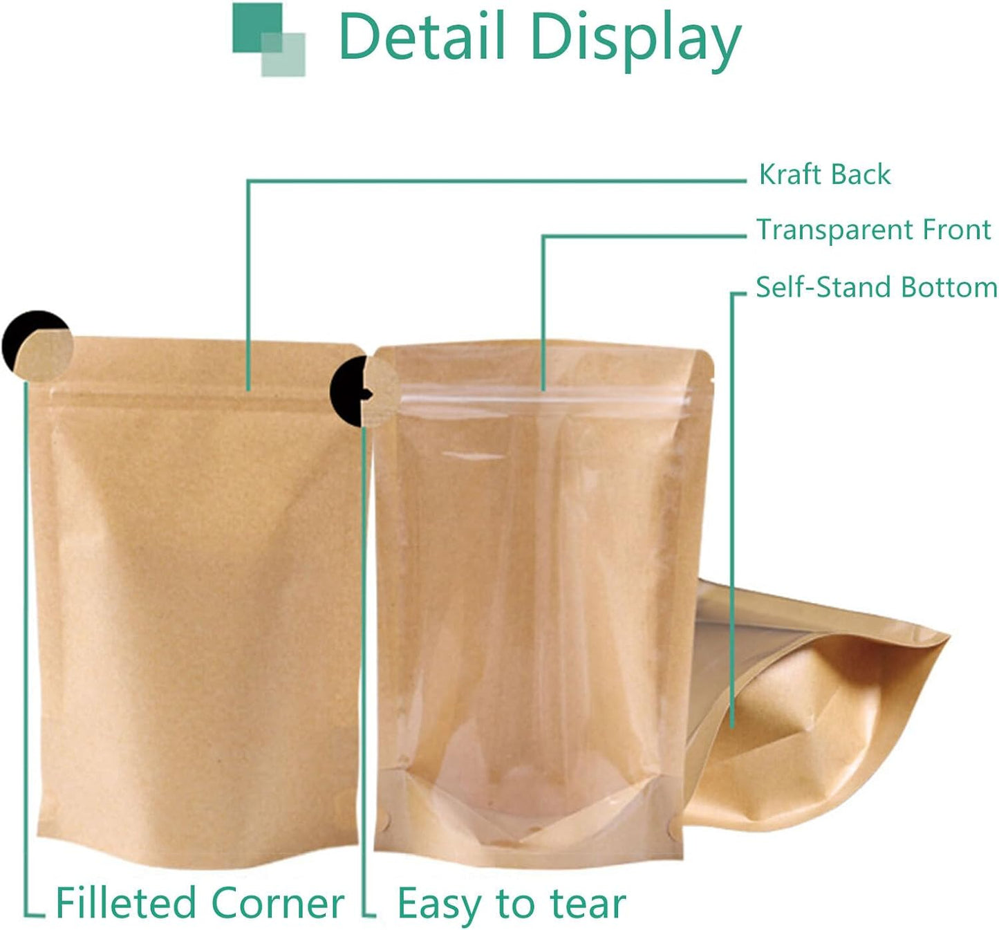 50pcs Kraft Bags With Window Clear Fornt Pouches Resealable Stand Up Zip Lock Food Storage Bags Brown 4.7"x7.8"