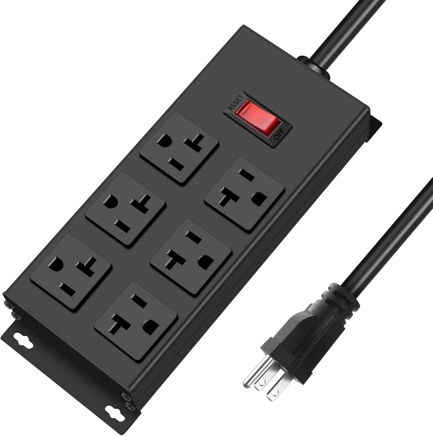 JUNNUJ Heavy Duty 20 Amp Power Strip, Garage 6 Outlets Metal 12 Gauge Surge Protector 3000J, High Amp 5-15P Adapter Shop 6-20R T-Slot Industrial (6AC, 6FT)