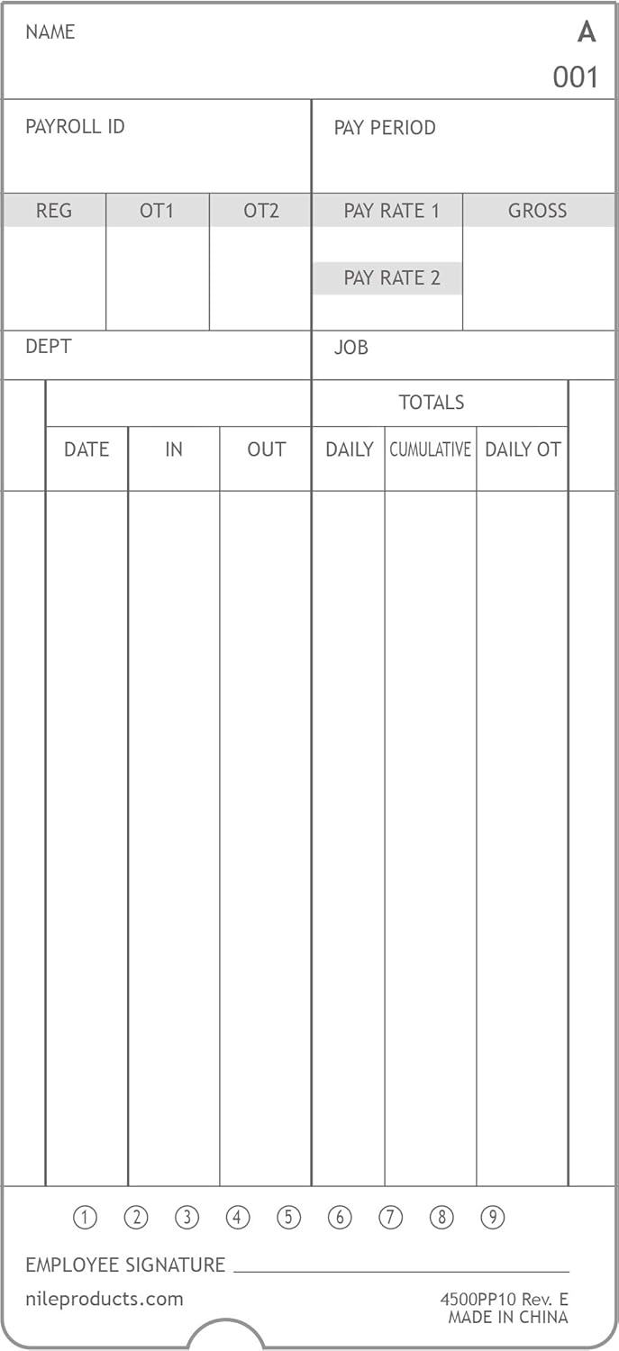 Nile Products - Authentic Time Cards for Nile Products 4500PP Compatible [ 4500PP10MB ] Electronic Calculating Time Clock, Double Sided Time Sheets (3.37 x 7.37 Inches) - 1000 Time Cards