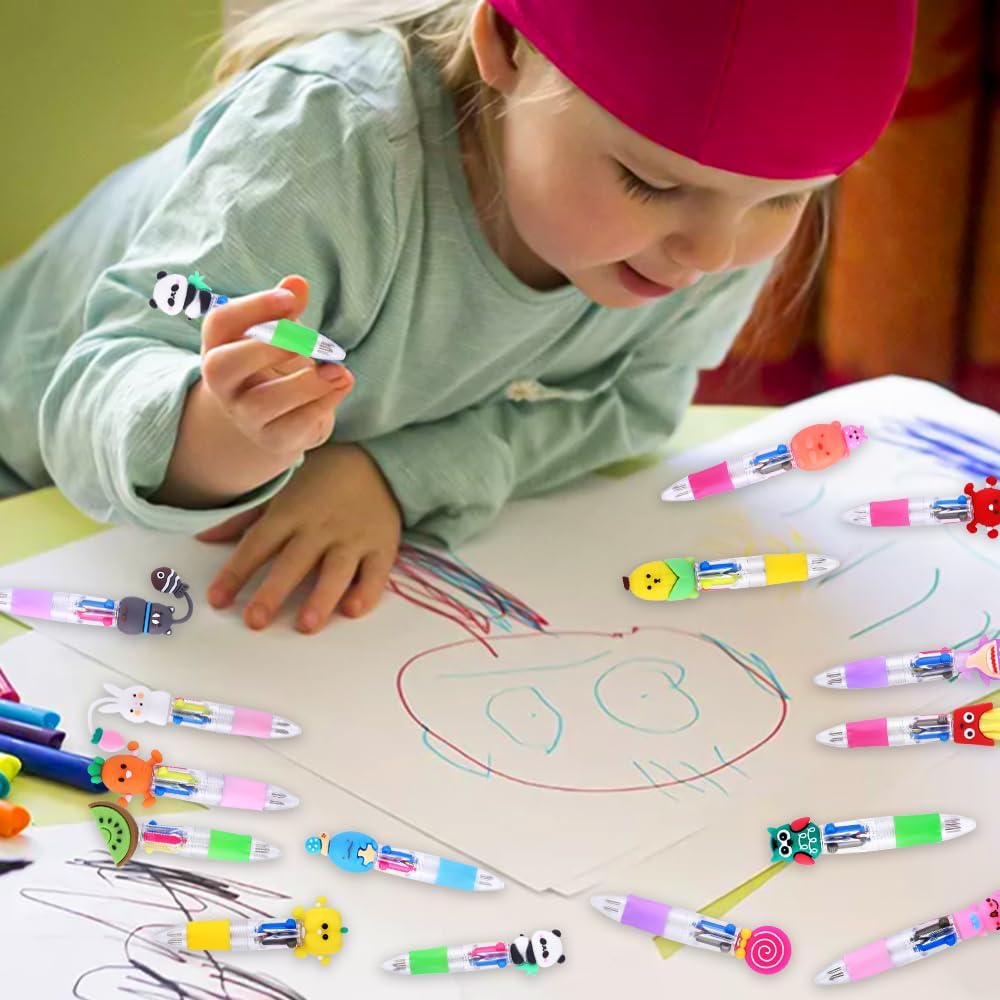 28PCS Fun Pens for Kids Multicolor Ballpoint Pen 4 Colors in One, Mini Cute Stationery Cartoon Animal 0.7mm Retractable Writing Pens for Party Favors School Supplies Students Rewards