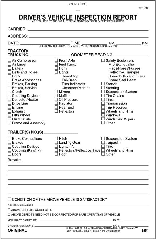 J. J. Keller & Associates, Inc. Detailed Driver's Vehicle Inspection Report - Book Format with 31 Sets, 2-Ply Carbonless, 5.5" x 8.5", Meets FMCSR Requirements