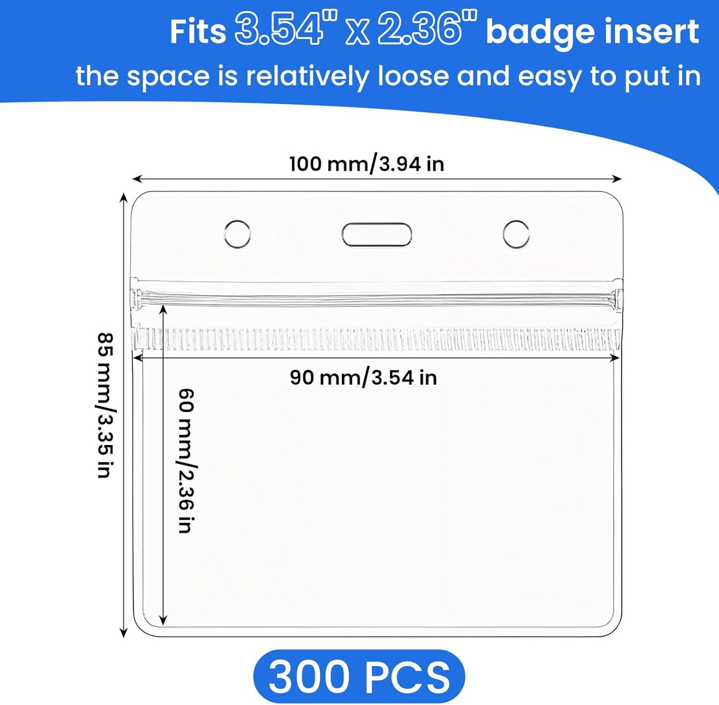 300 Pieces Clear Plastic Horizontal Name Badge ID Card Holders Horizontal Name Badge ID Card Holders with Waterproof Resealable Zip Transparent PVC Sleeve Cover for Office School