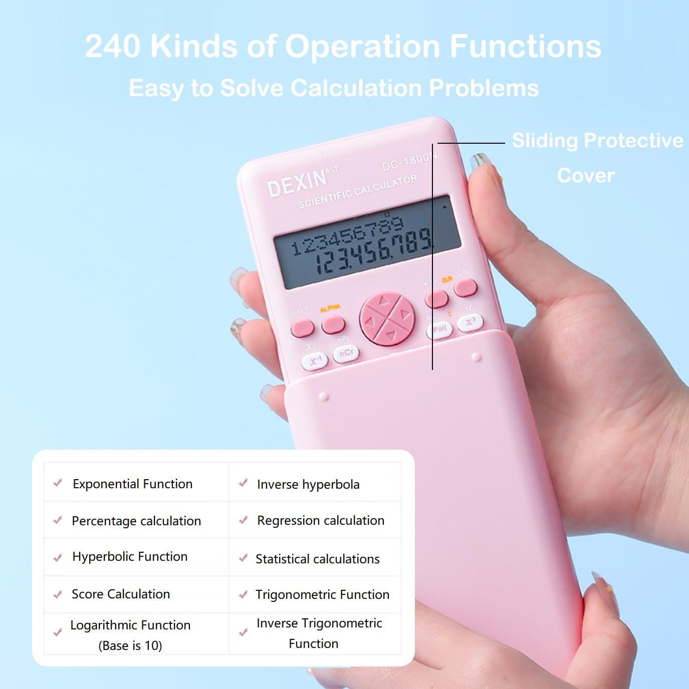 Scientific Calculators for Students, 240 Functions 2-Line Standard Scientific Calculator, Cute School Office Supplies，Math Calculator for School (Pink)