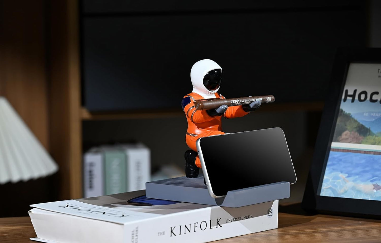 Astronaut Resin Pen Holder, Mobile Phone Stand, Device Stand, Desk Organizer Decorative Pen Holder (Orange&Black)