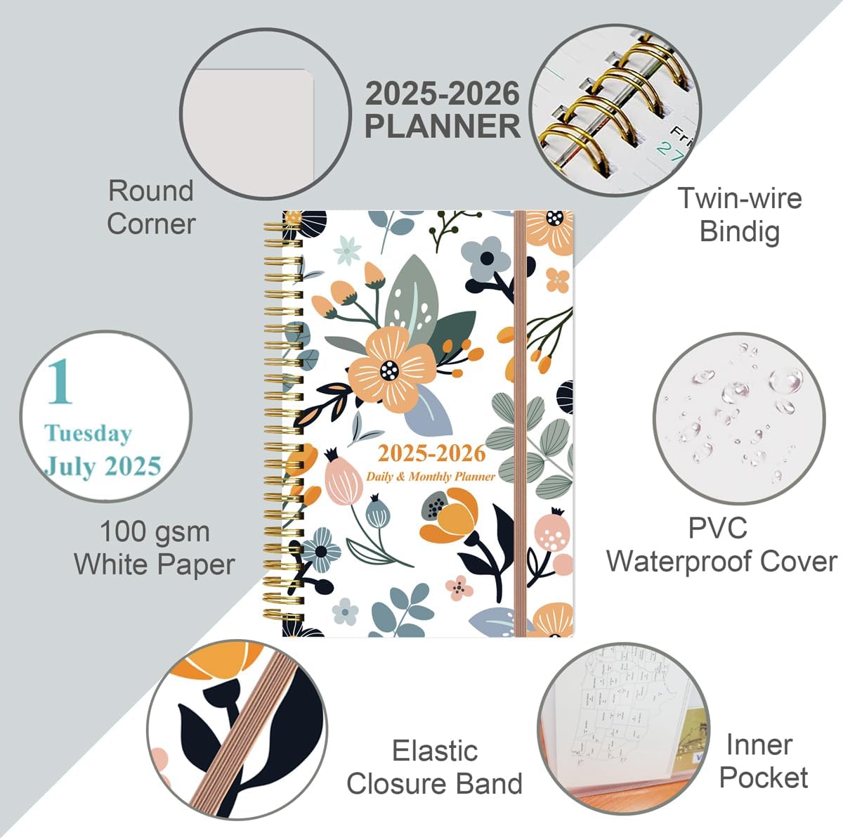 2025-2026 Daily & Monthly Planner - One Page Per Day, Daily Planner from July 2025 to June 2026, Planner 2025-2026 with 12 Monthly Tabs, 6.4" x 8.5", Rose Flower
