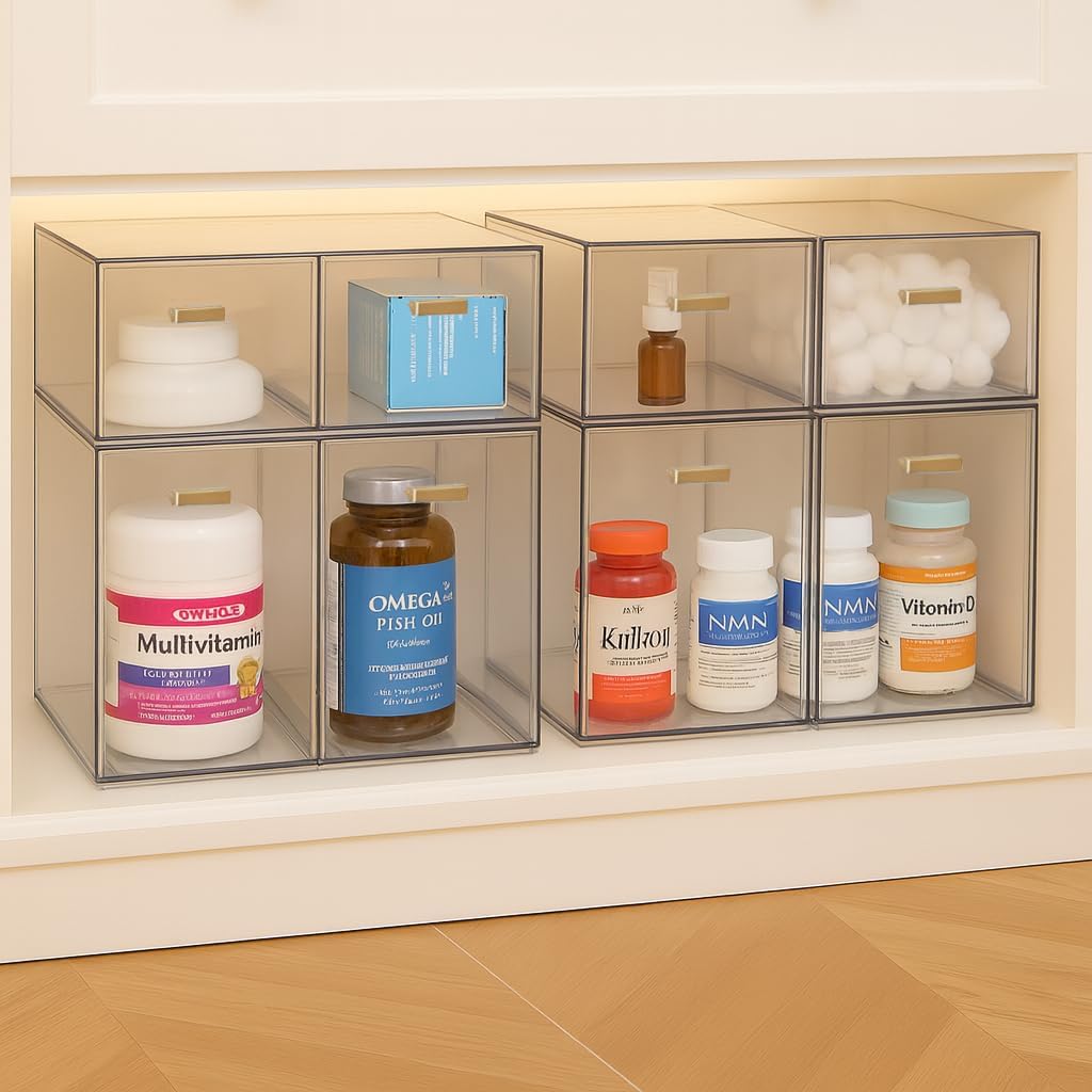 4 Pack Stackable Clear Acrylic Storage Drawers with Golden Handles, Plastic Drawer Organizers for Makeup, Kitchen, Bathroom, Office, Under Sink & Cabinet Organization(6.7"D x 10.6"W x 12"H)