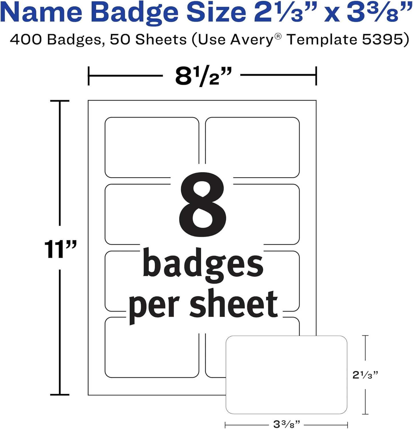 Avery Flexible Printable Name Badges, 2-1/3" x 3-3/8" Rectangle Labels, White, 5 Packs, 2,000 Removable Name Tag Stickers Total (5395)