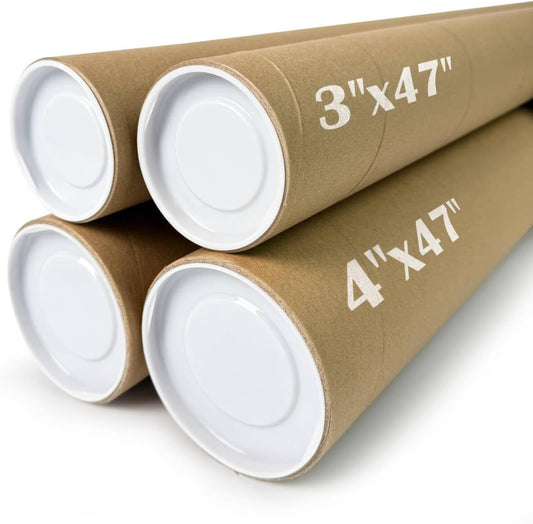 4-Pack Mailing Tubes with Caps, Paper Cardboard Storage Tubes for Shipping, Prints, Documents, Crafts & Golf Clubs (4in*47in, 3in*47in)