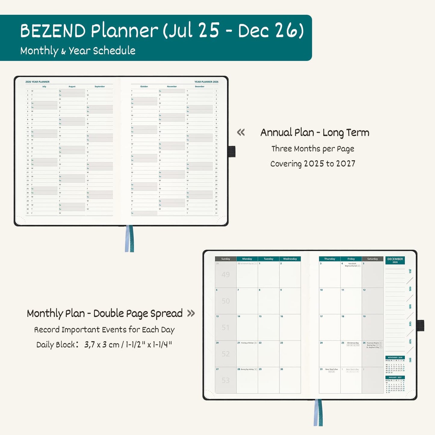 BEZEND Weekly Planner 2025-2026 with 2 Columns, 5.8" x 8.5" Academic Calendar 18 Months (Jul 25-Dec 26) Life Work Appointment Book with Monthly Tab, PU Leather Hardcover - Lilac