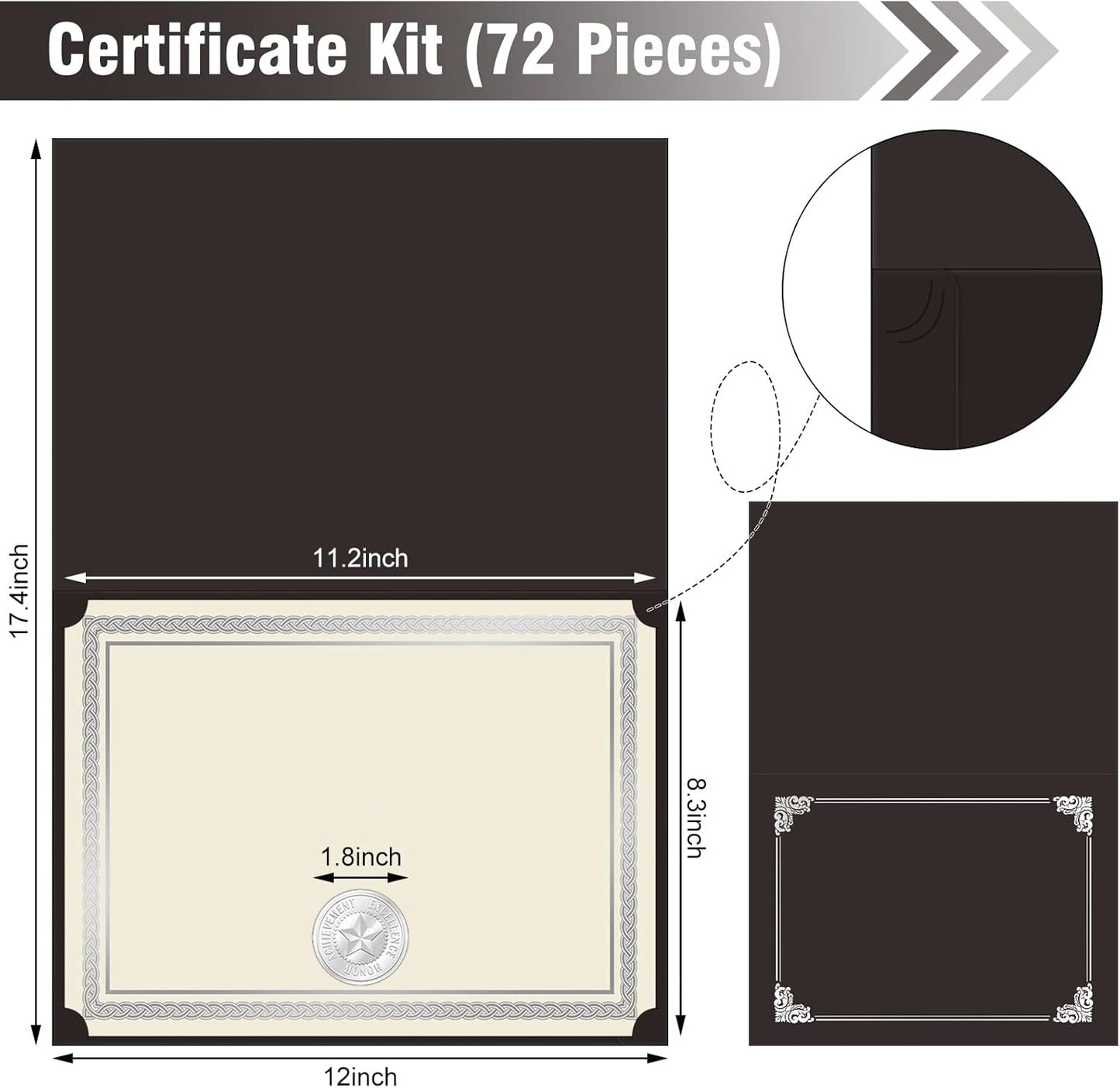 150 Pcs Certificate Kit Include 50 Certificate Holders 50 Paper and 50 Embossed Seal Stickers Diploma Covers for Graduation, Competition Supplies(Silver Black)